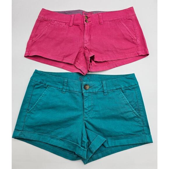 2 Pair American Eagle Women's Size 6 Teal and Pink Cuffed Stretch Shorts - Picture 1 of 15